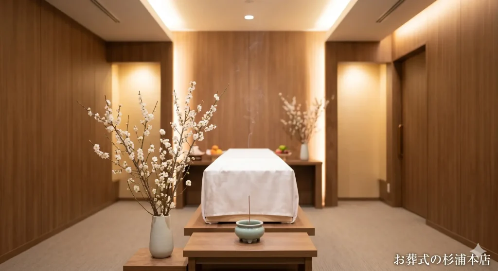 緑区の直葬で棺に添えられた白梅と南天の実の献花