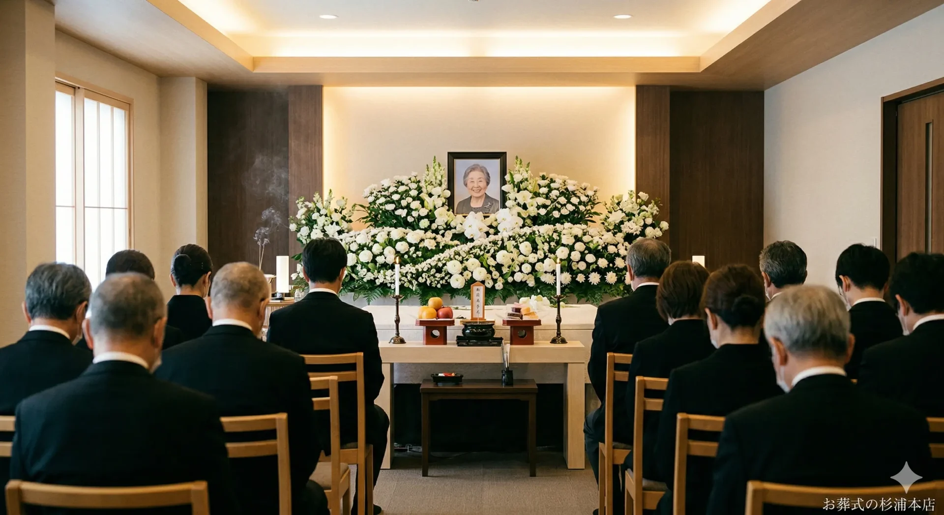 横浜市港北区の家族葬で白い花に囲まれた祭壇の前で行われる告別式のイメージ