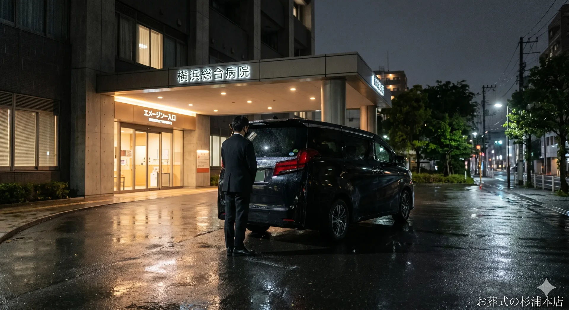深夜に病院へお迎えに向かう黒い葬儀搬送車のイメージ