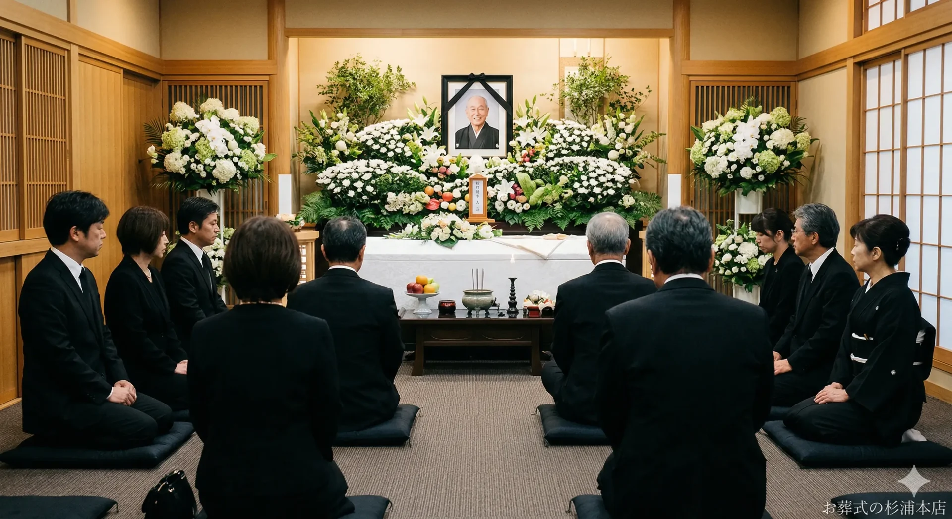 横浜市西区の家族葬で白い花に囲まれた祭壇の前で行われる告別式のイメージ