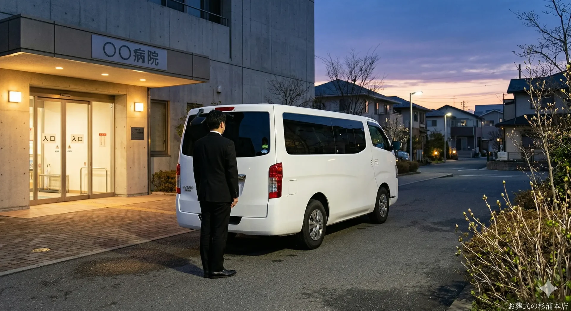 病院から故人をお迎えする葬儀社の搬送車のイメージ