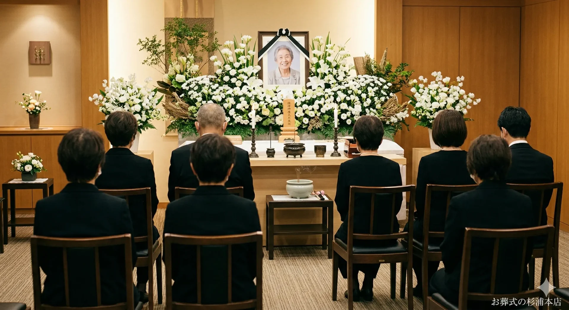 横浜市栄区の家族葬で白い花に囲まれた祭壇の前で行われる告別式のイメージ