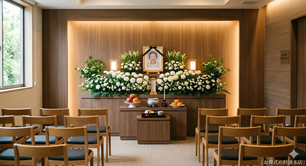 横浜市港北区の家族葬式場に飾られた白いラナンキュラスとスズランの祭壇