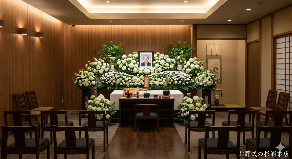 横浜市西区の家族葬式場に飾られた白いアナベルとグリーンの祭壇