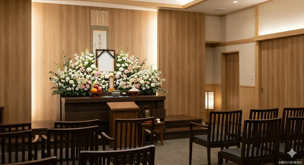 横浜市栄区の家族葬式場に飾られた白いフリージアとスイートピーの祭壇