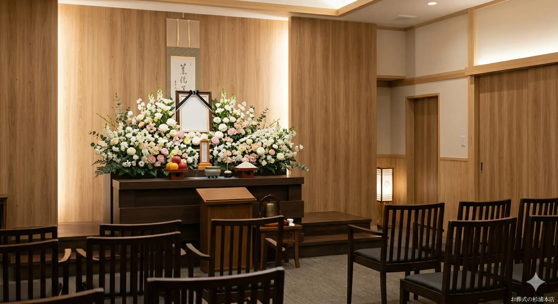横浜市栄区の家族葬式場に飾られた白いフリージアとスイートピーの祭壇