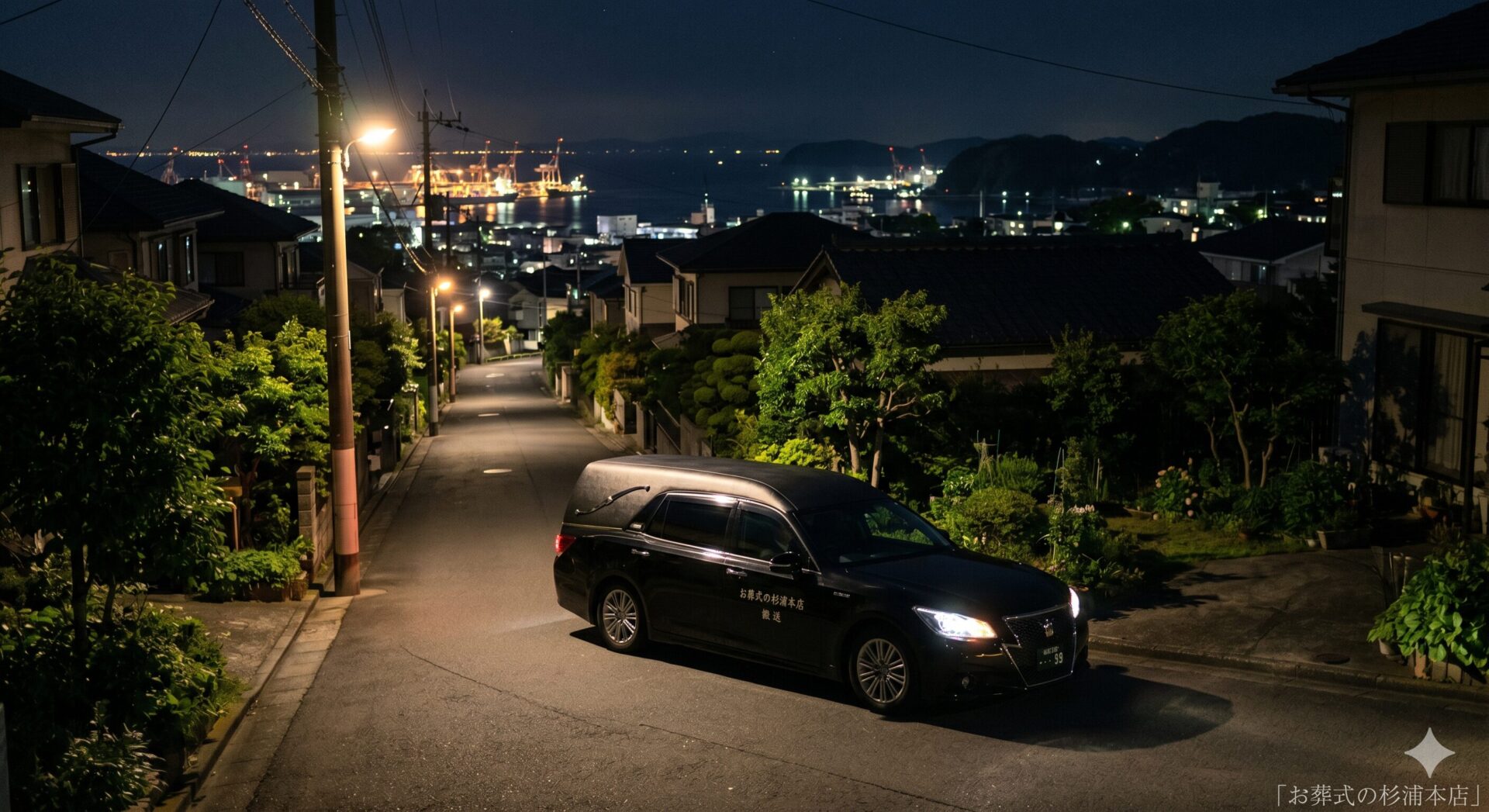 深夜に横須賀市の病院へお迎えに向かう黒い葬儀搬送車のイメージ