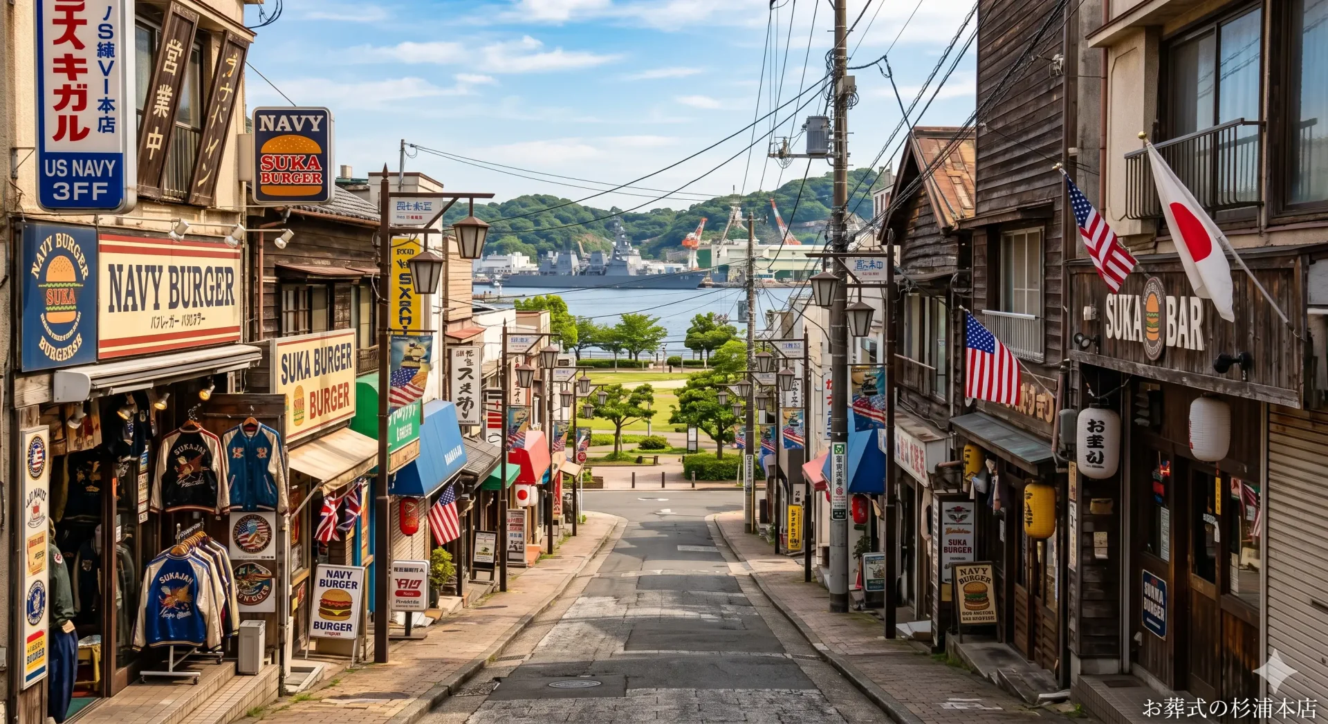 横須賀市のどぶ板通りと港を望む街並み