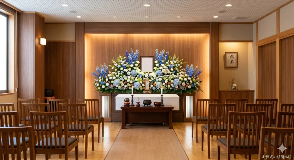 横須賀市の家族葬式場に飾られたデルフィニウムとホワイトローズの祭壇