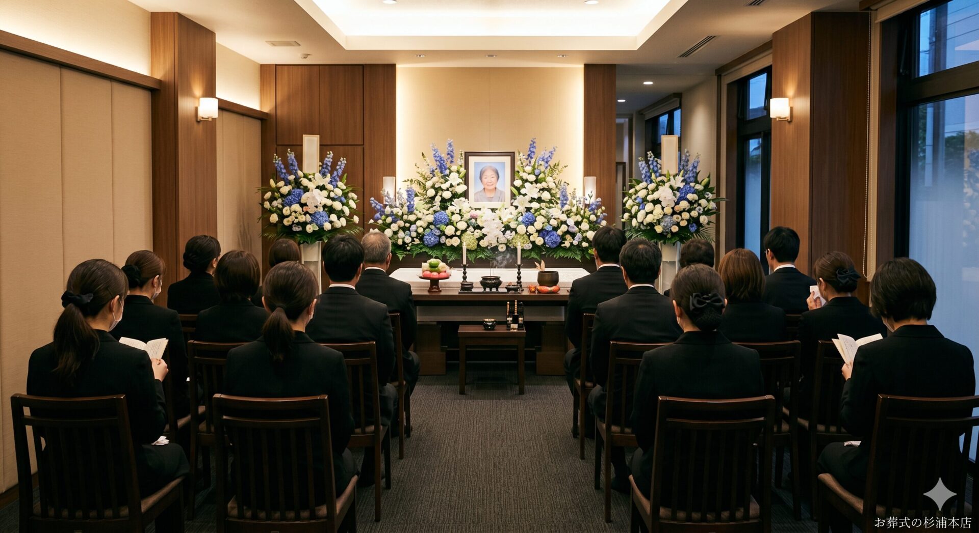 横須賀市の家族葬でデルフィニウムとホワイトローズに囲まれた祭壇の前で行われる告別式のイメージ