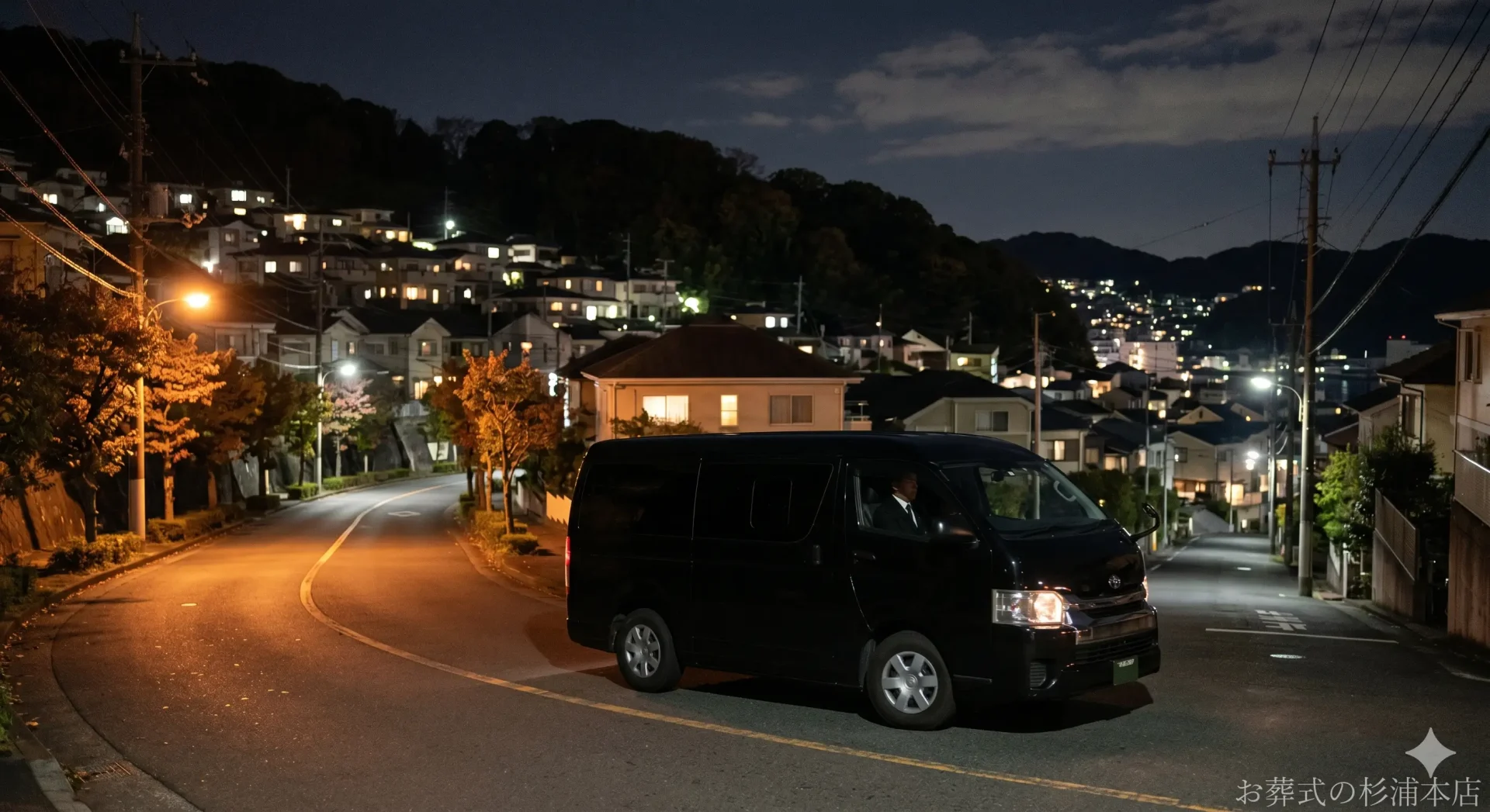 黒い葬儀搬送車が横須賀市の夜道を走るイメージ