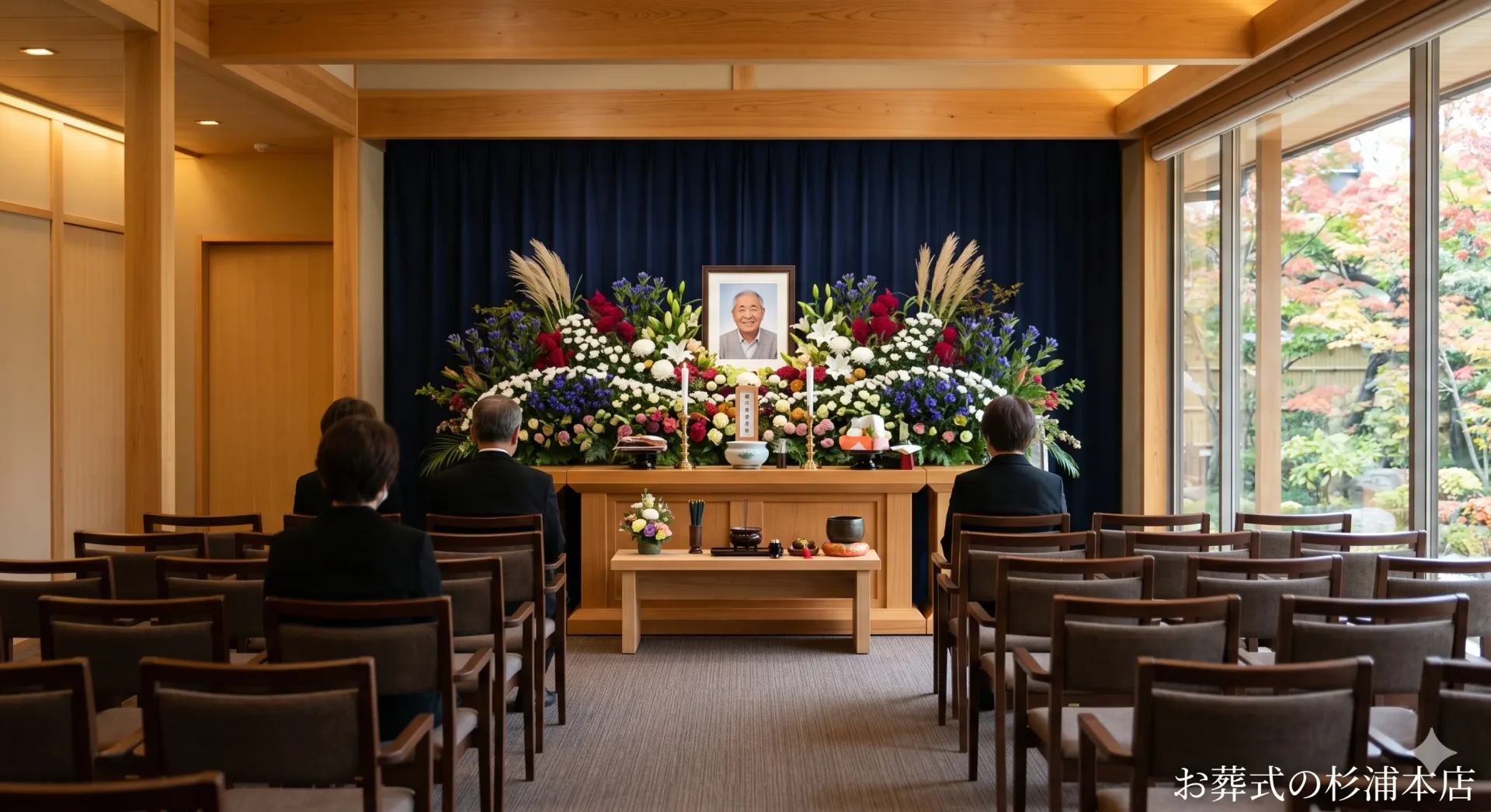 ありがとうホール佐原の式場内観　リンドウとケイトウの祭壇