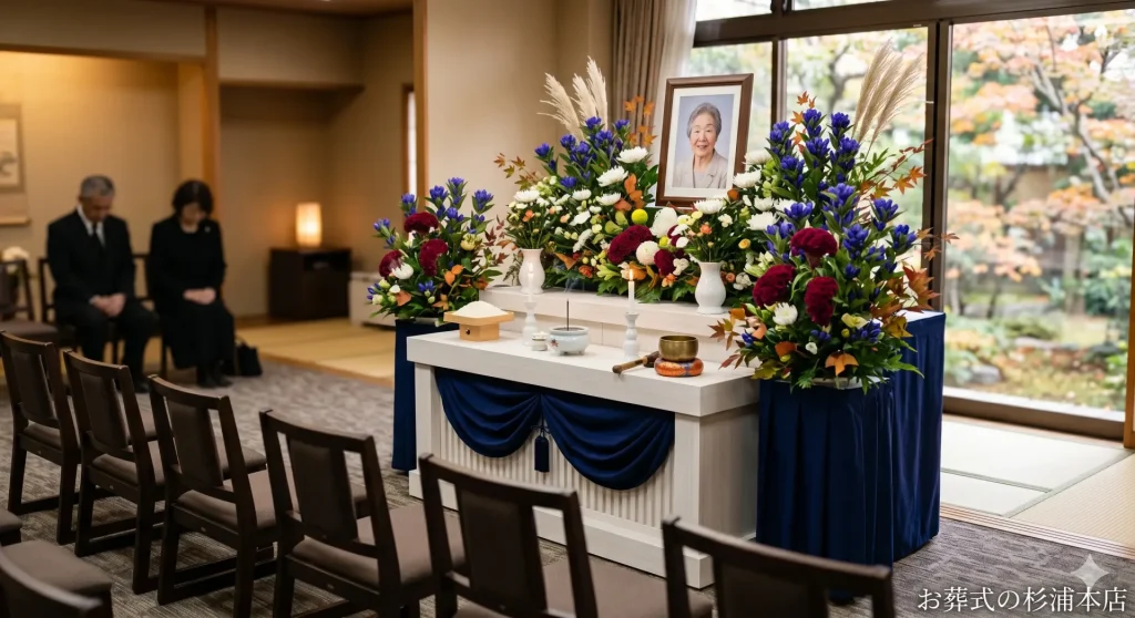横須賀市の家族葬イメージ　初秋のリンドウとケイトウに彩られた祭壇
