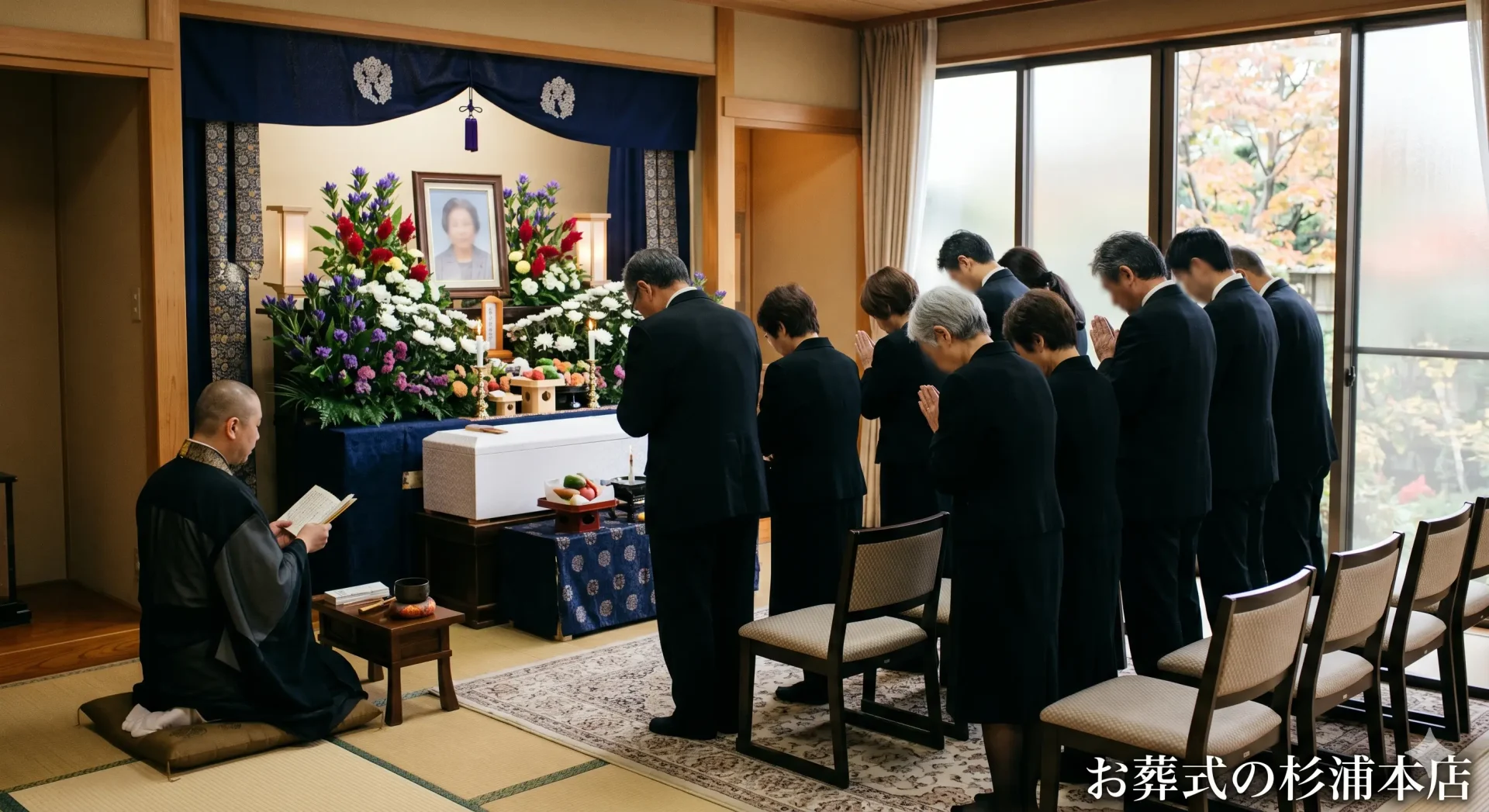 横須賀市の告別式イメージ　初秋のリンドウとケイトウの花祭壇の前で合掌する参列者