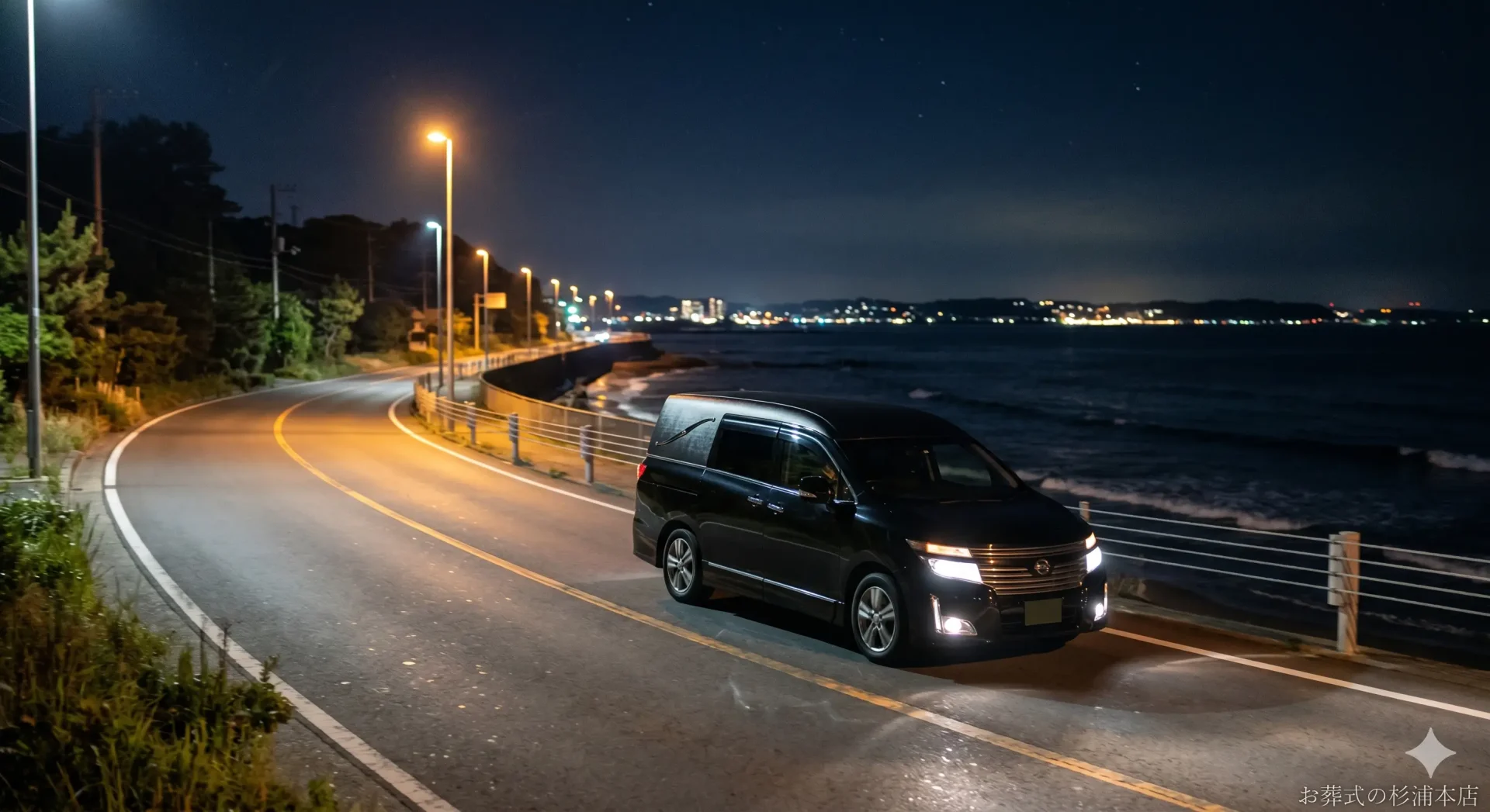 深夜に病院へお迎えに向かう黒い葬儀搬送車のイメージ