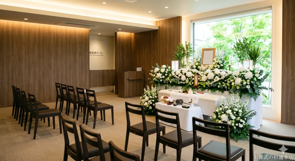 逗子市の家族葬式場に飾られた白いシャクヤクとグリーンの祭壇