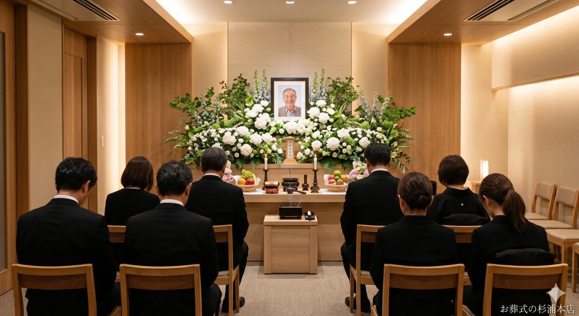 逗子市の家族葬で白い花に囲まれた祭壇の前で行われる告別式のイメージ