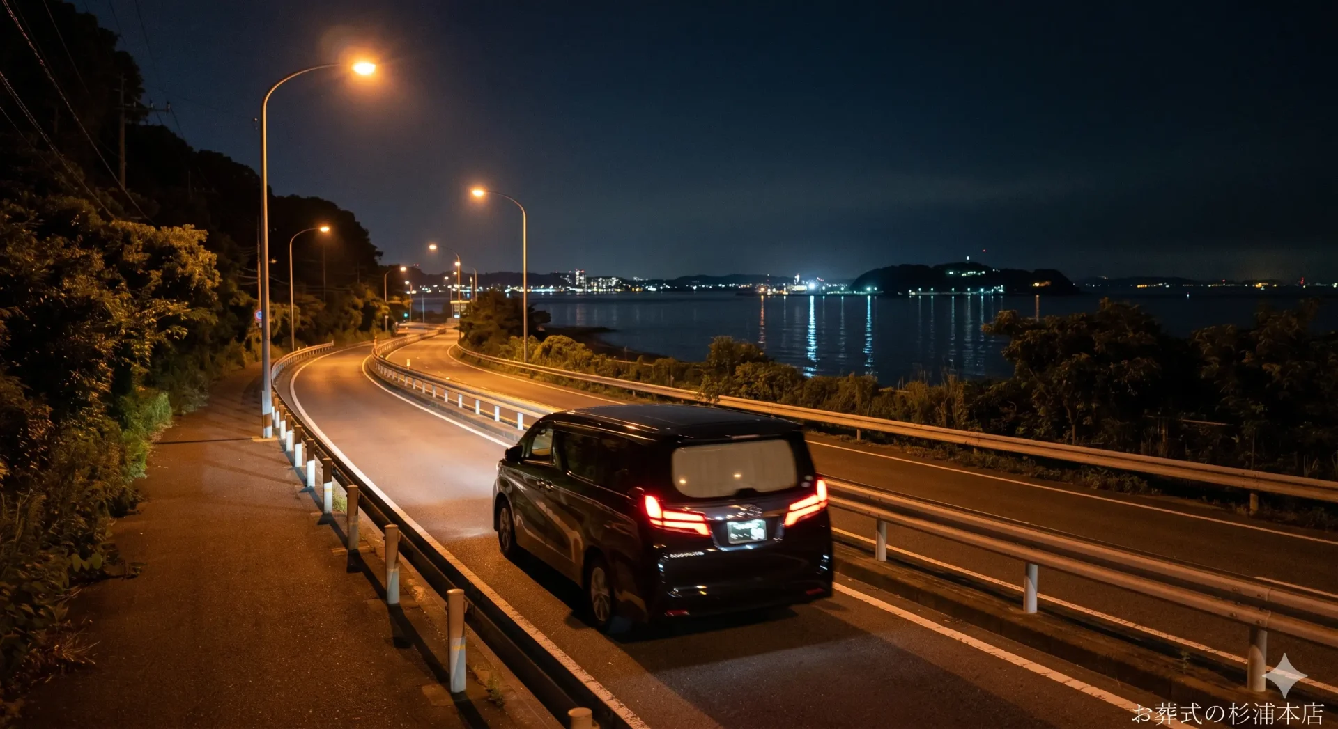 深夜に金沢区の病院へお迎えに向かう黒い葬儀搬送車のイメージ