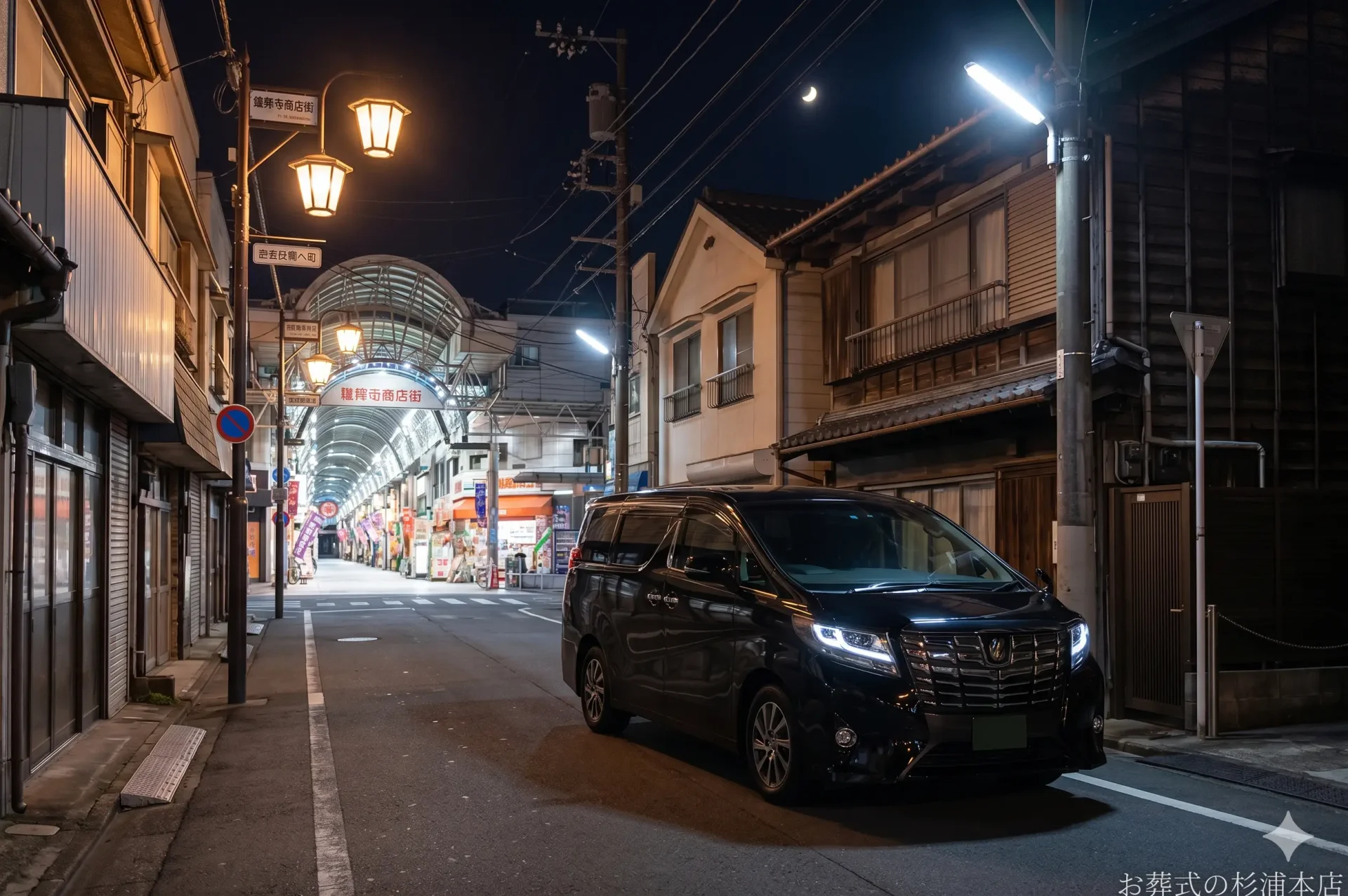 深夜に南区の病院へお迎えに向かう黒い葬儀搬送車のイメージ