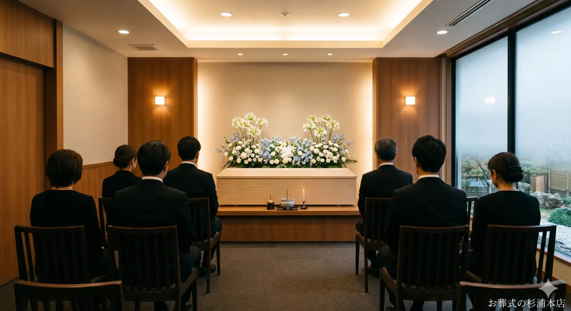 中区の直葬で白いアガパンサスに囲まれた火葬炉前でのお別れのイメージ