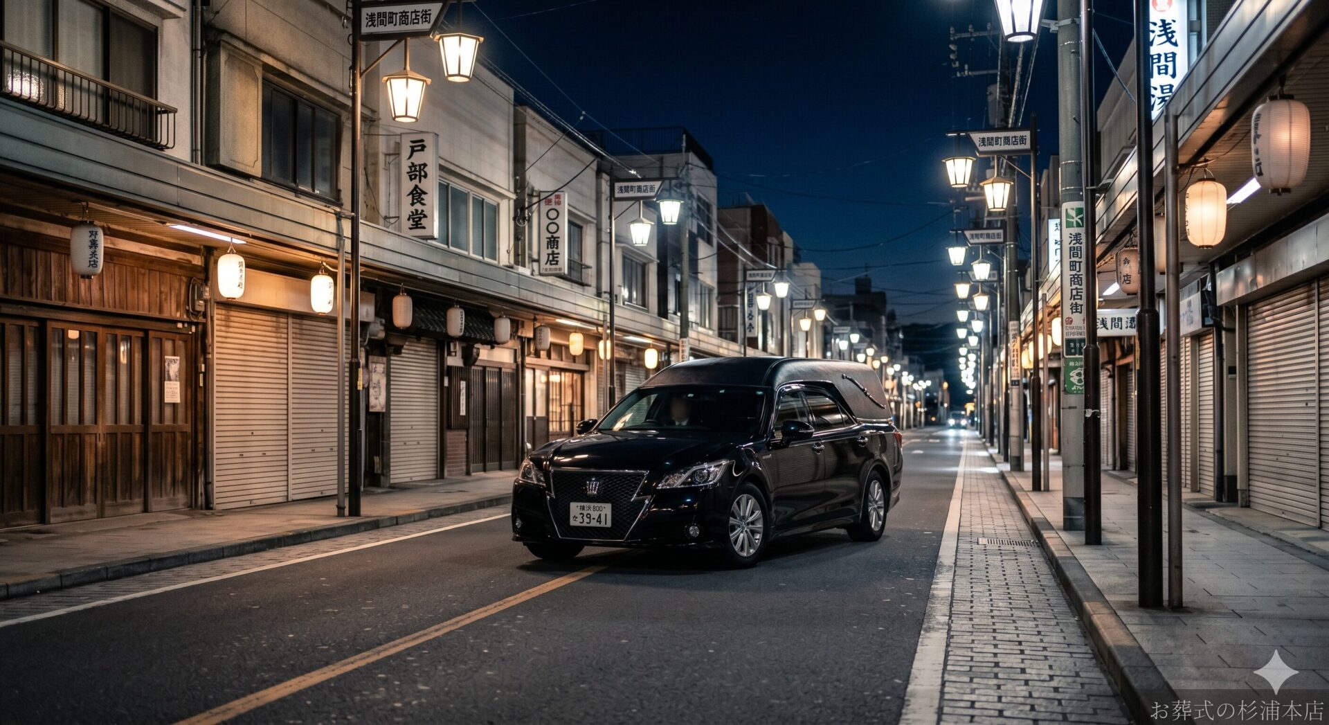 深夜に西区の病院へお迎えに向かう黒い葬儀搬送車のイメージ