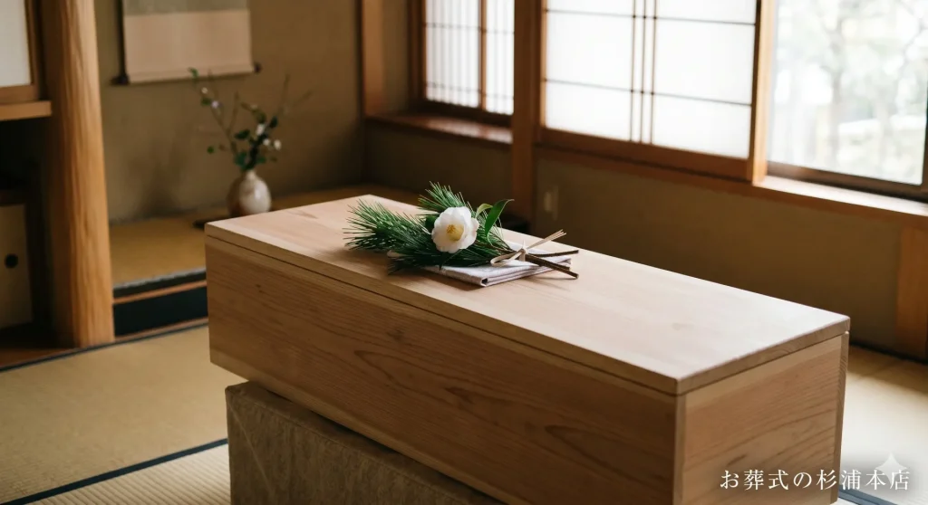 西区の直葬で棺に添えられた白い椿と松の葉の献花