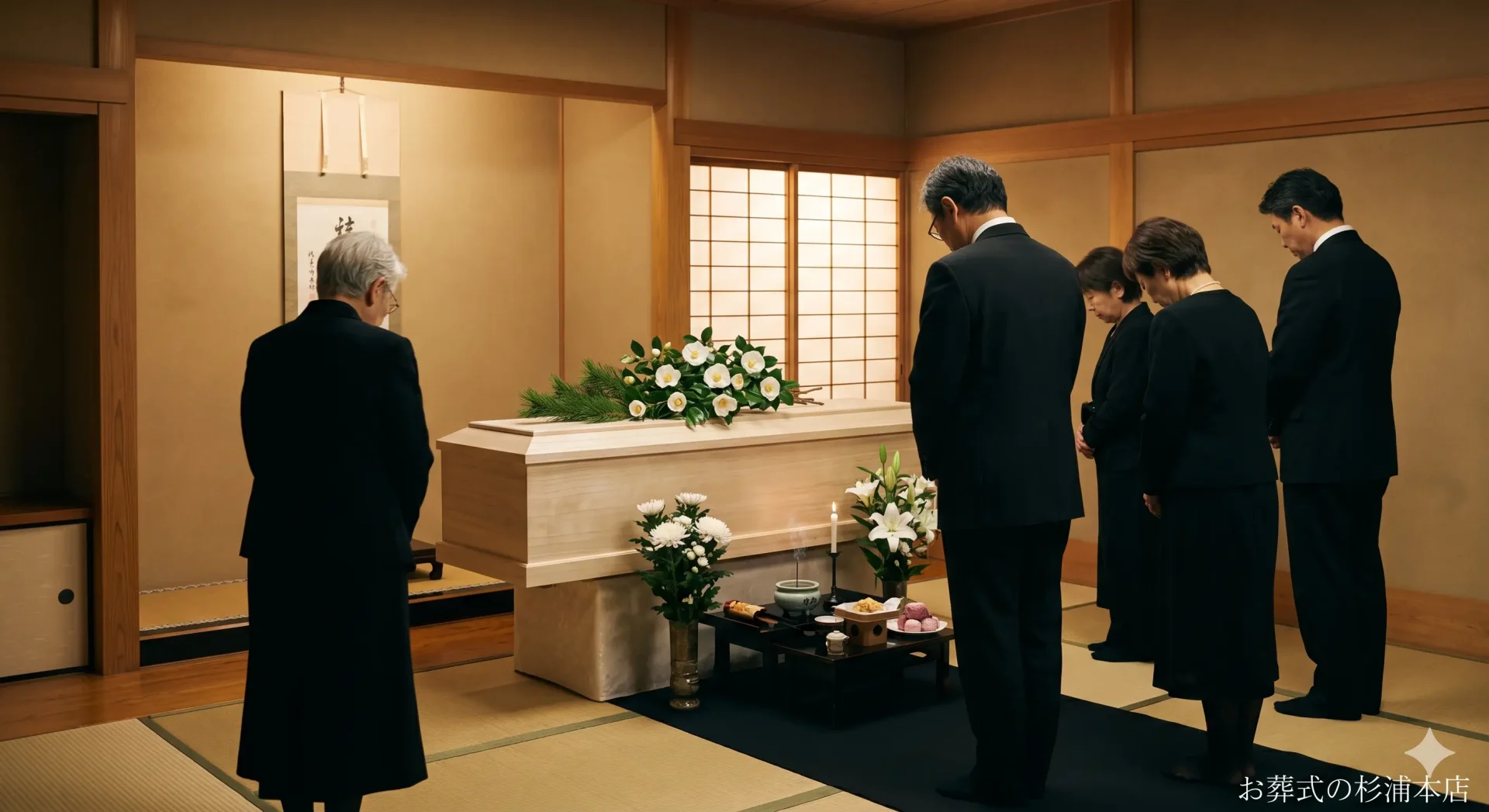 西区の直葬で白い椿に囲まれた火葬炉前でのお別れのイメージ