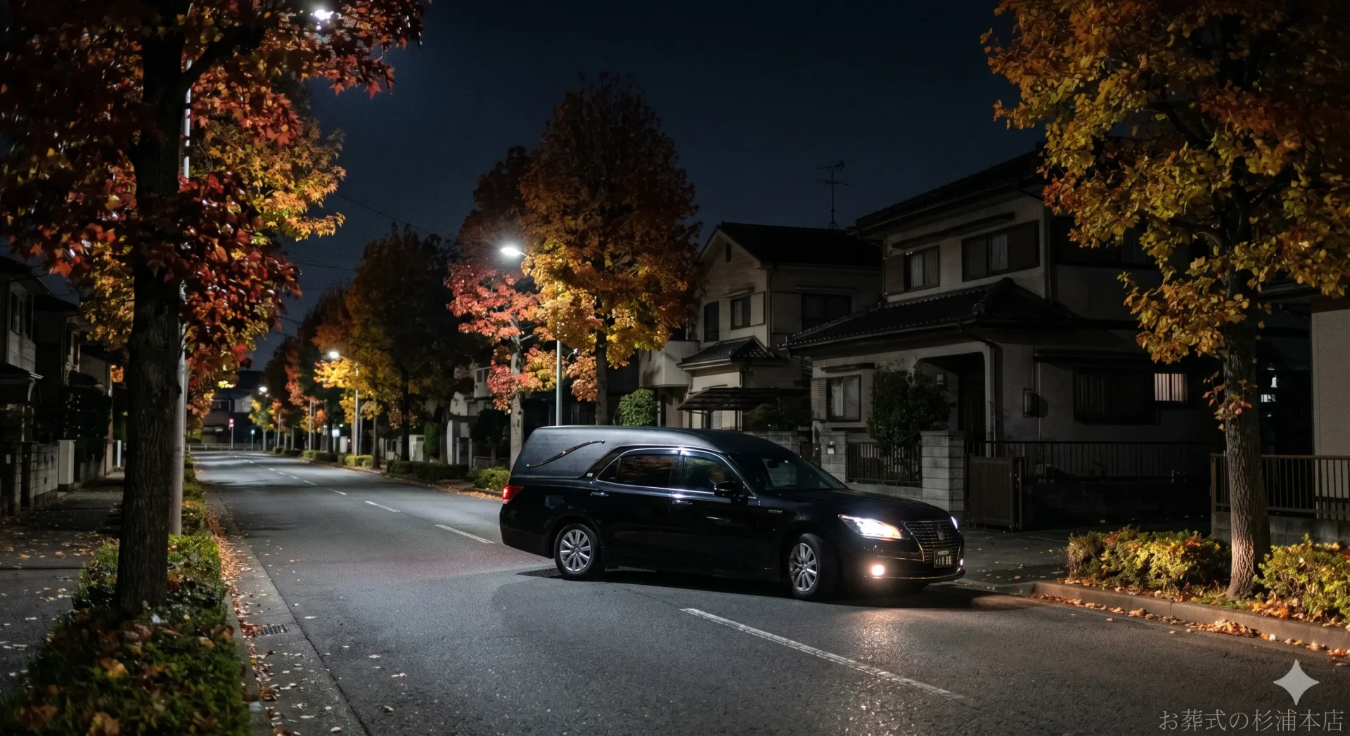 深夜に栄区の病院へお迎えに向かう黒い葬儀搬送車のイメージ