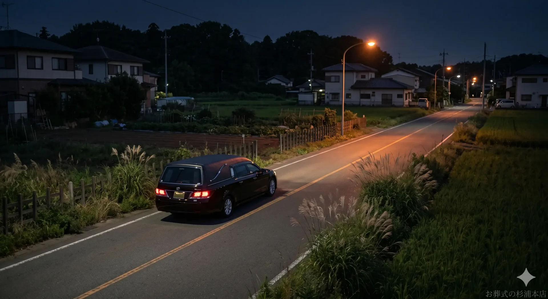 深夜に瀬谷区の住宅街と畑を走る黒い葬儀搬送車のイメージ