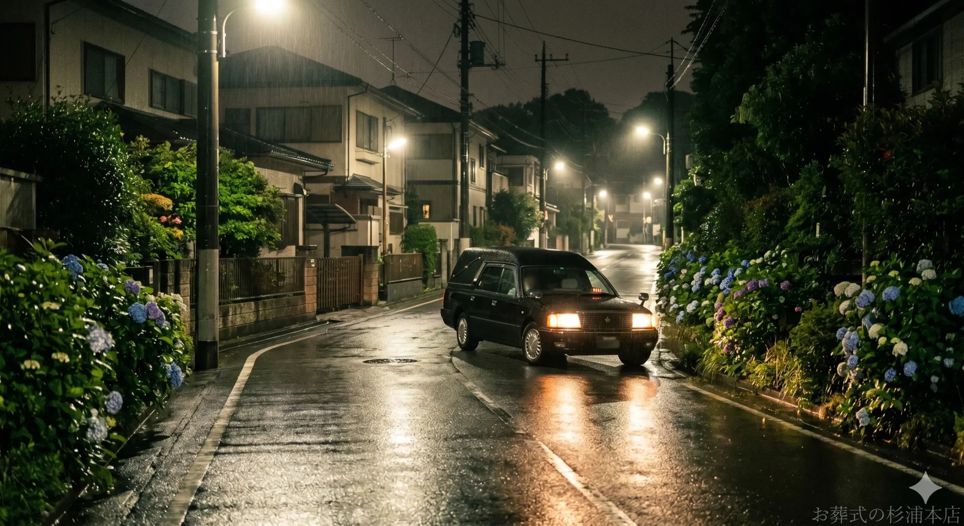 深夜に戸塚区の病院へお迎えに向かう黒い葬儀搬送車のイメージ