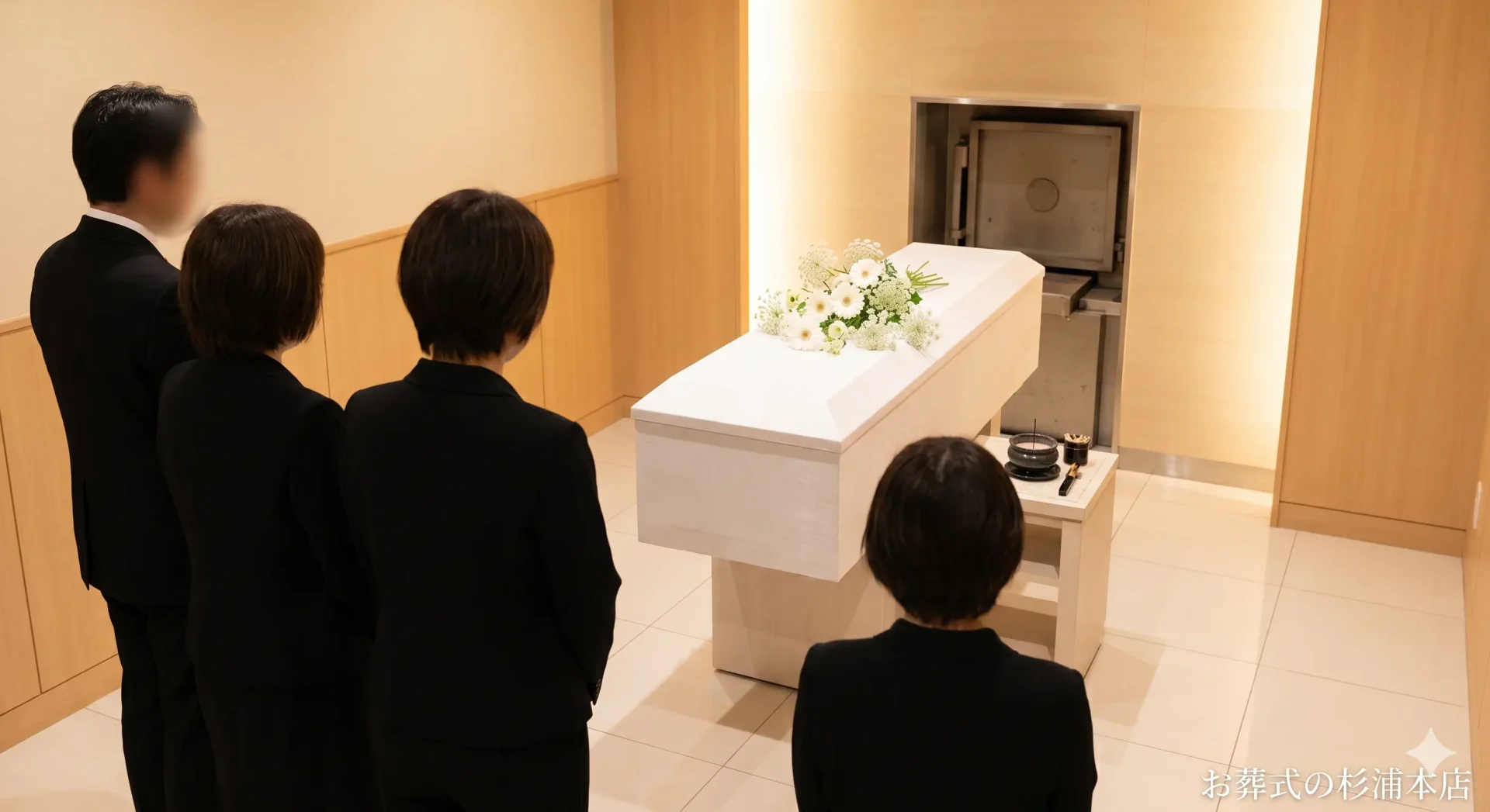 戸塚区の直葬で白いガーベラに囲まれた火葬炉前でのお別れのイメージ