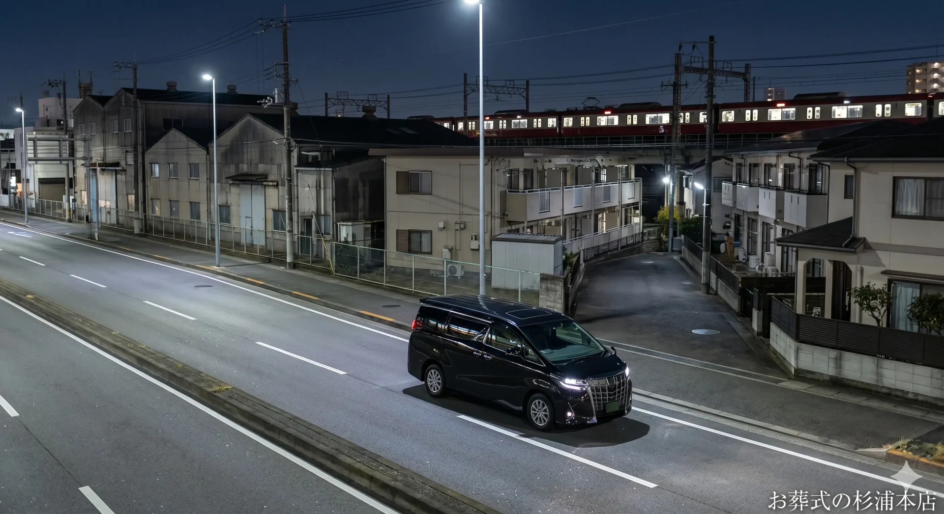 深夜に鶴見区の病院へお迎えに向かう黒い葬儀搬送車のイメージ