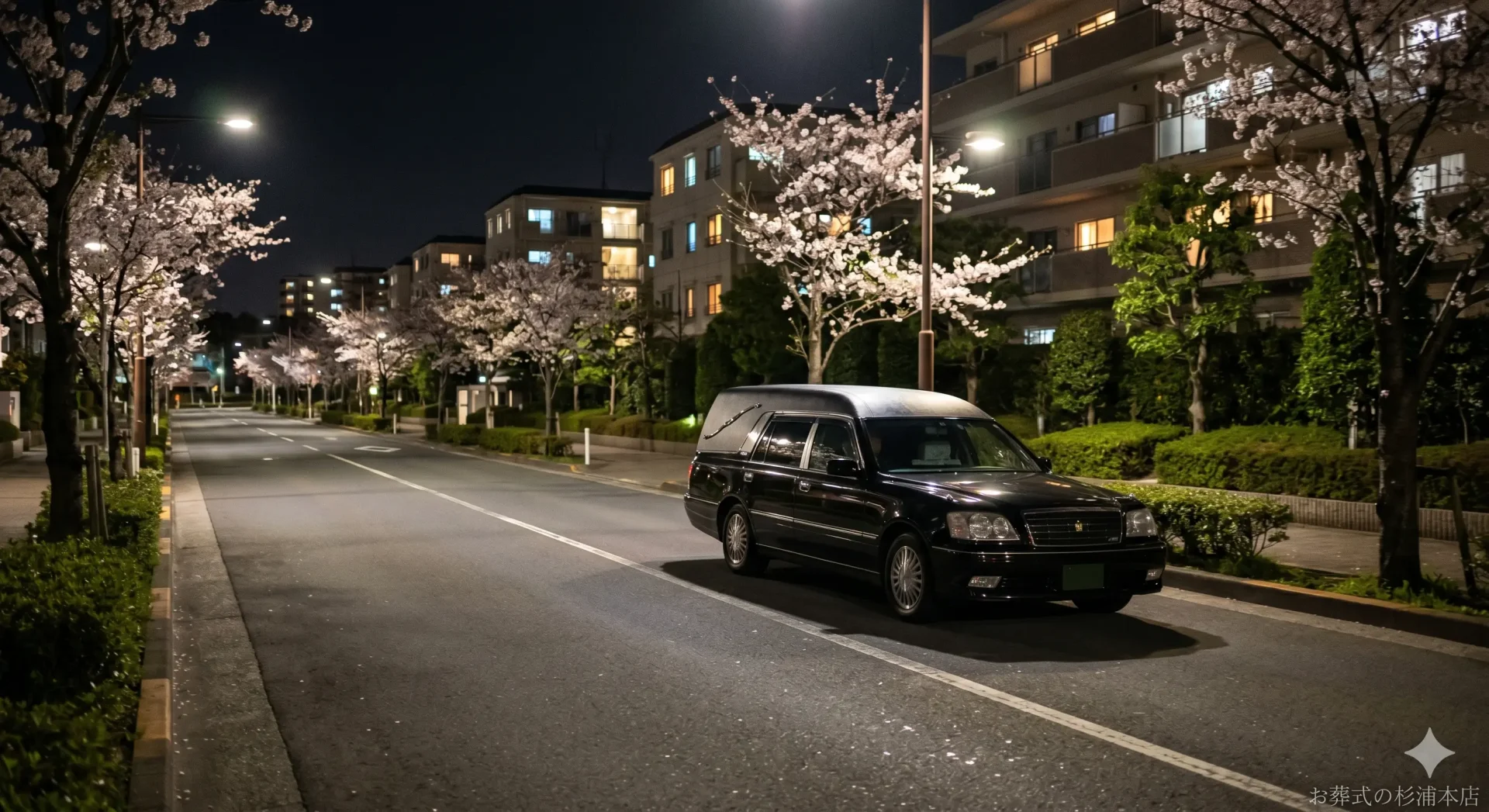 深夜に都筑区の病院へお迎えに向かう黒い葬儀搬送車のイメージ