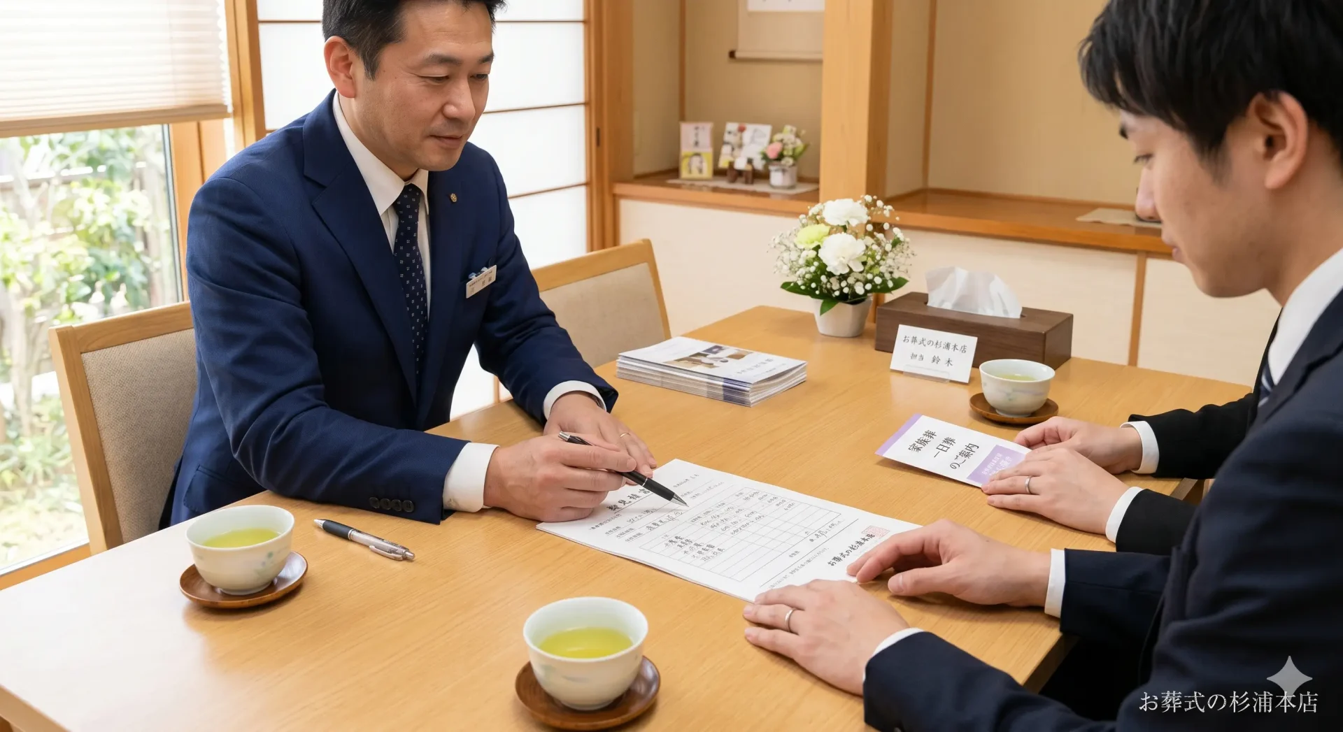 都筑区の直葬で家族がスタッフと打ち合わせをしているイメージ