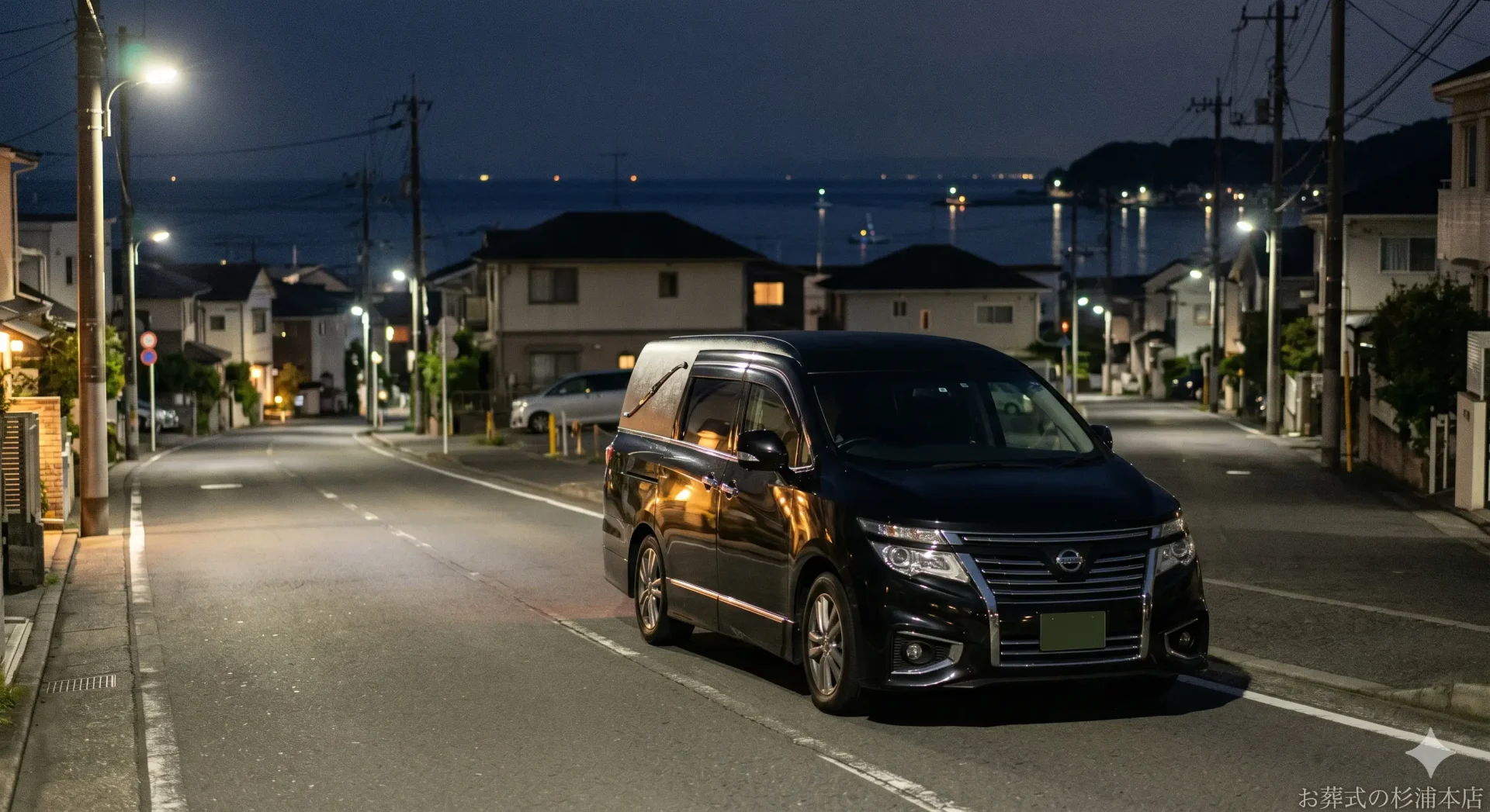 深夜に逗子市の病院へお迎えに向かう黒い葬儀搬送車のイメージ