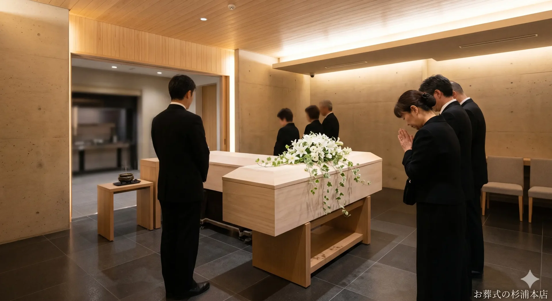 逗子市の直葬で白いハマユウに囲まれた火葬炉前でのお別れのイメージ