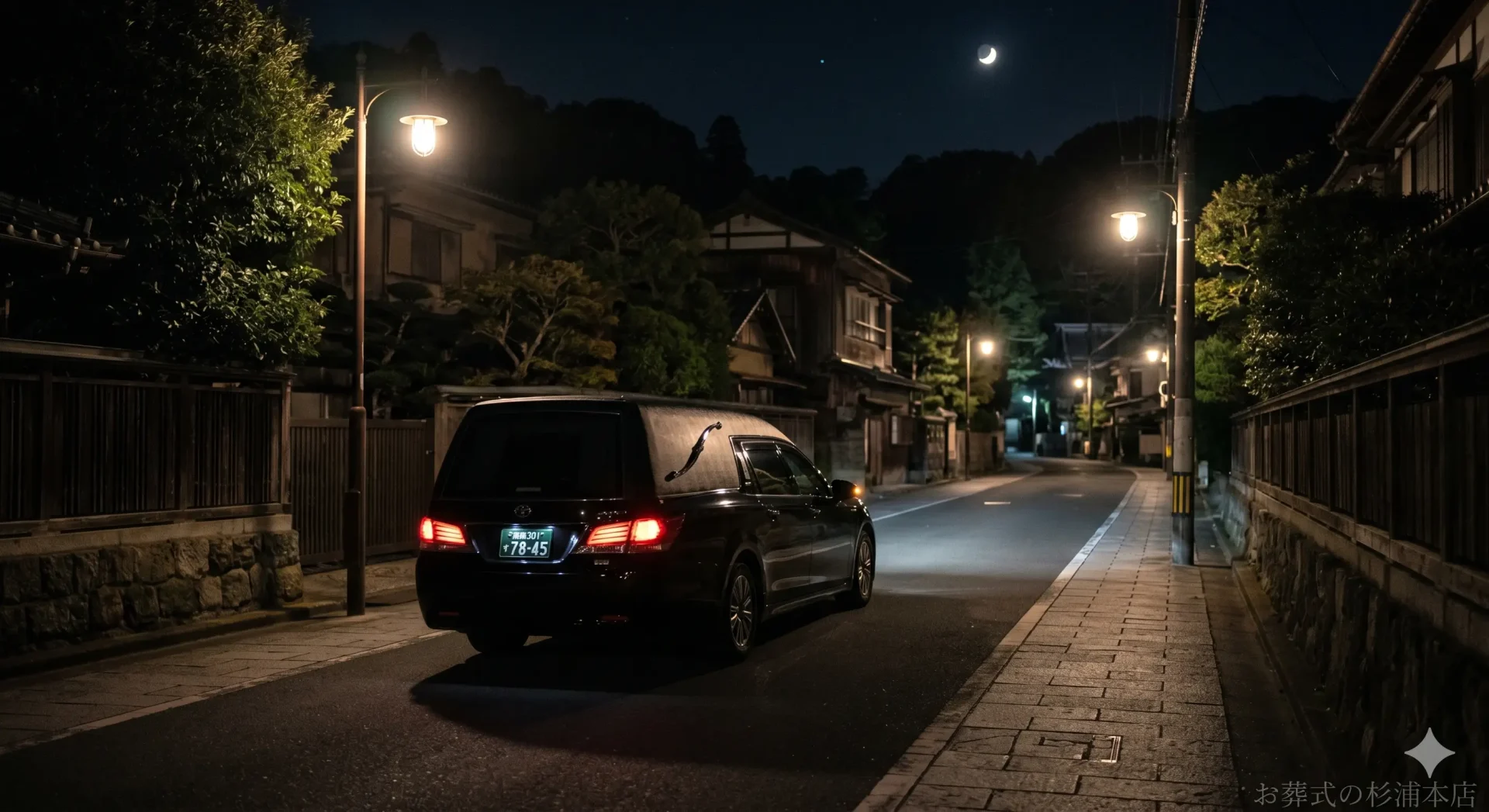 深夜に鎌倉市の病院へお迎えに向かう黒い葬儀搬送車のイメージ