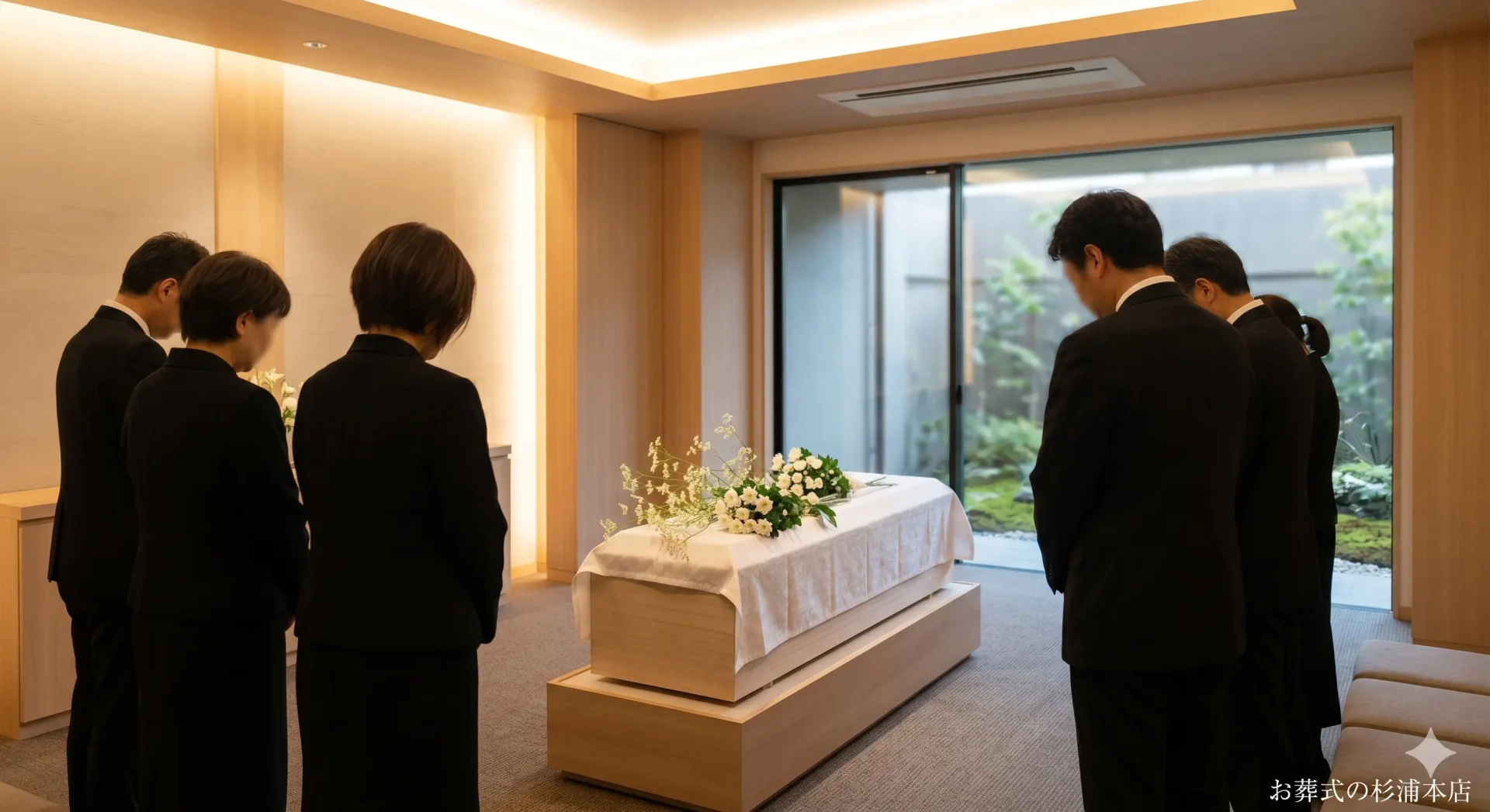 鎌倉市の直葬で白いオミナエシに囲まれた火葬炉前でのお別れのイメージ
