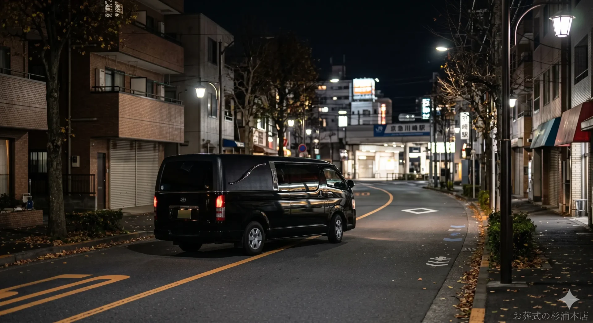 深夜に川崎区の病院へお迎えに向かう黒い葬儀搬送車のイメージ