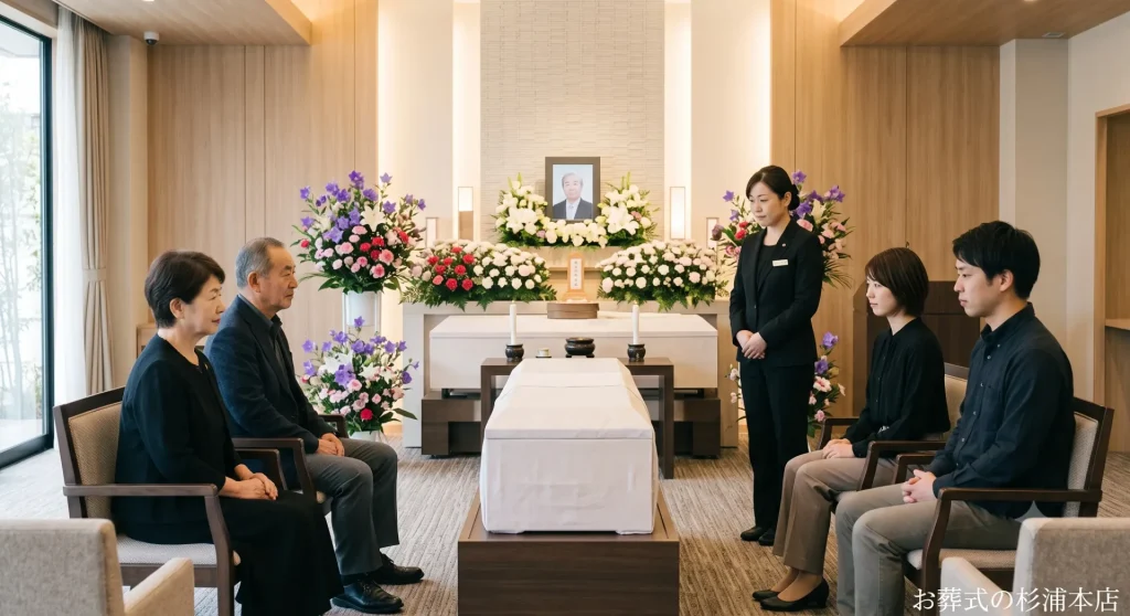 直葬・一日葬・家族葬を比較する家族と葬儀スタッフ