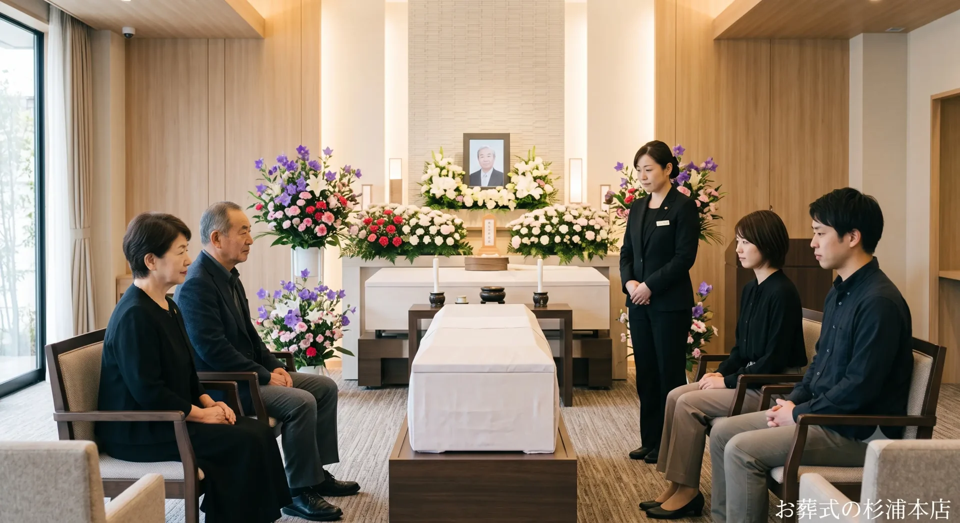 直葬・一日葬・家族葬を比較する家族と葬儀スタッフ