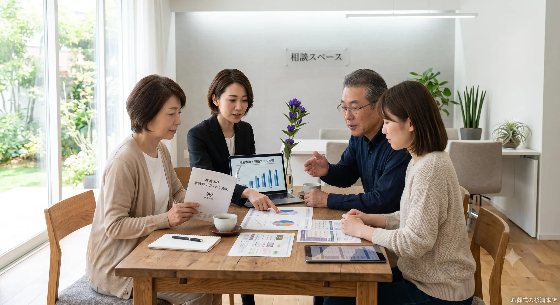 比較表を見ながら相談するスタッフと家族