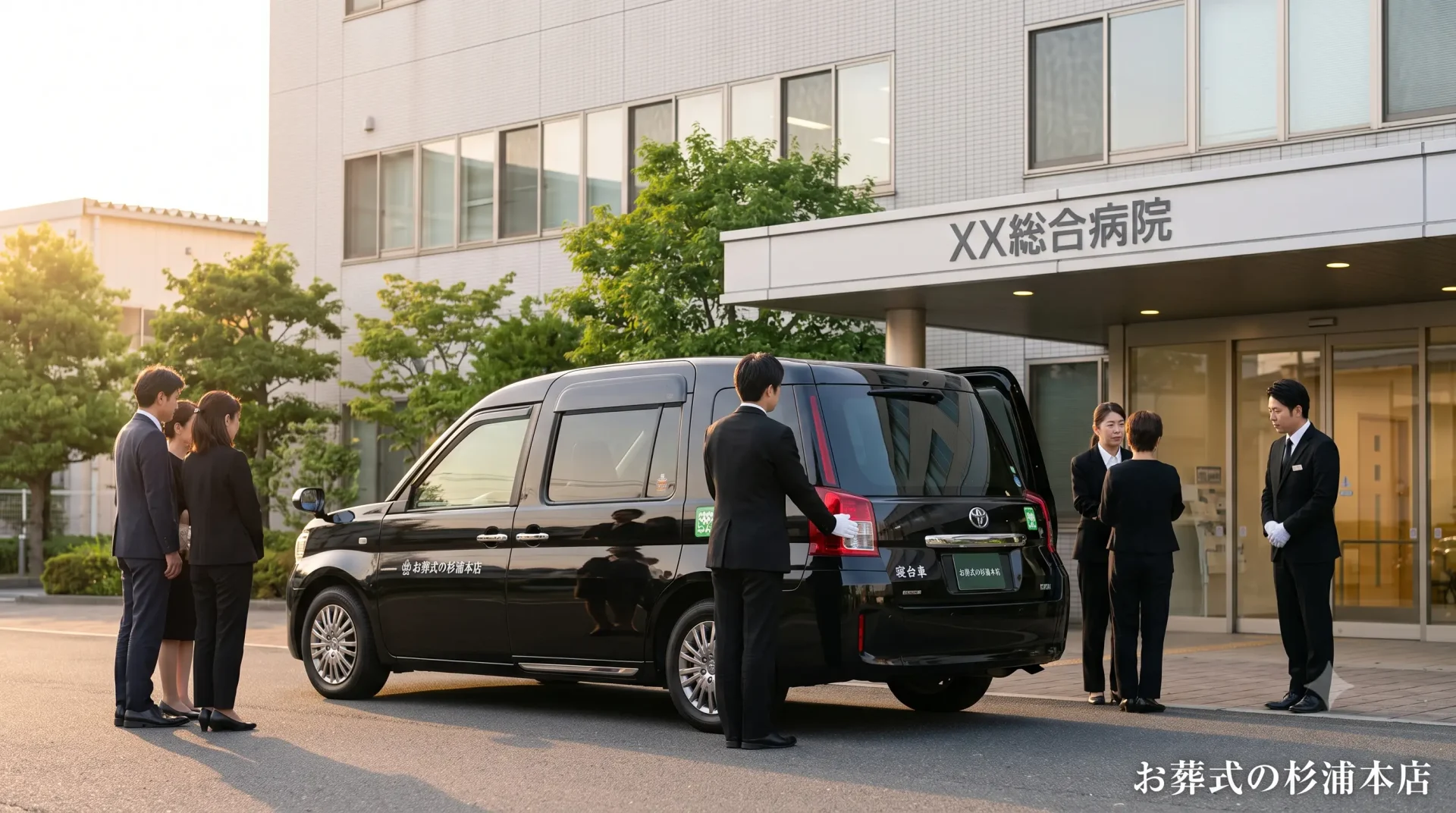 病院からの搬送を待つ黒い搬送車