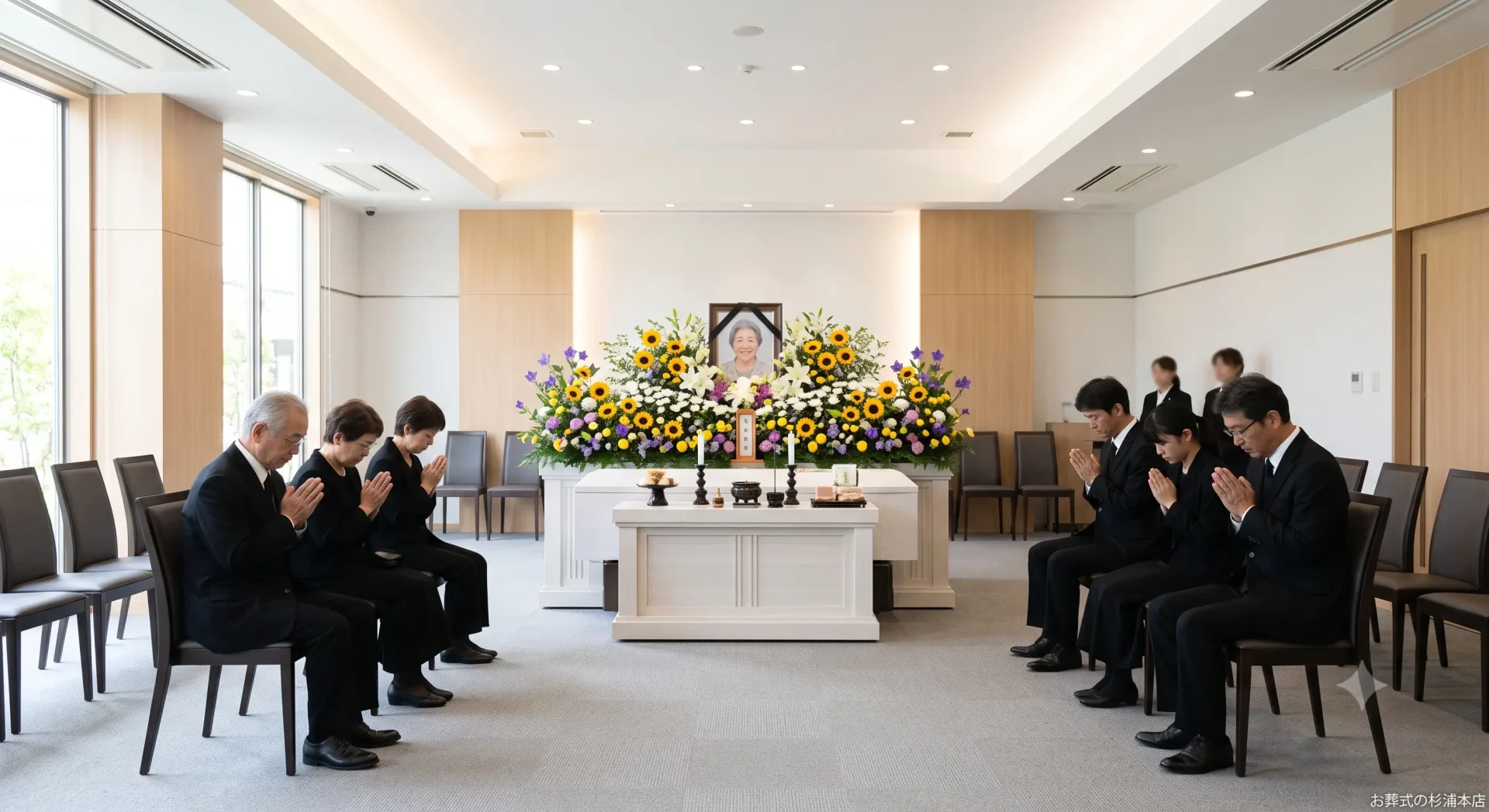 一日葬の式場で告別式を行う家族