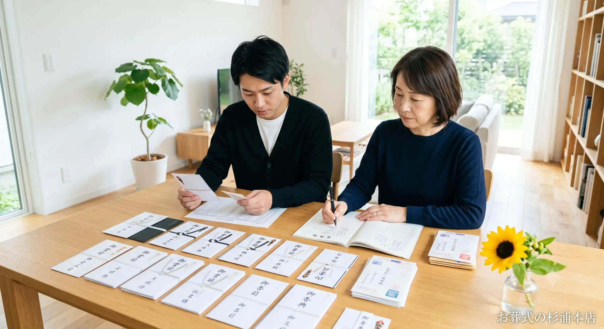 自宅に届いた香典を整理する家族