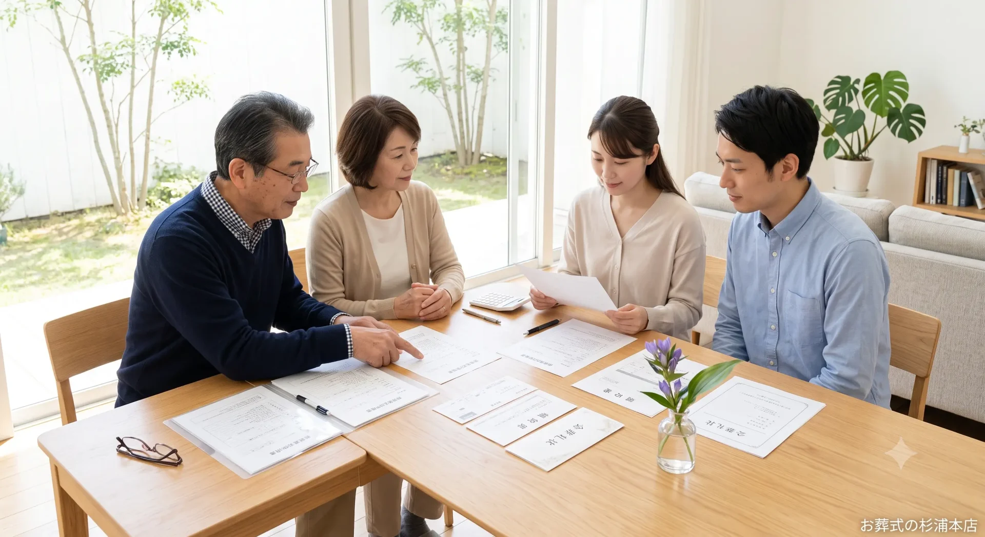 葬儀後の手続き書類を確認する家族