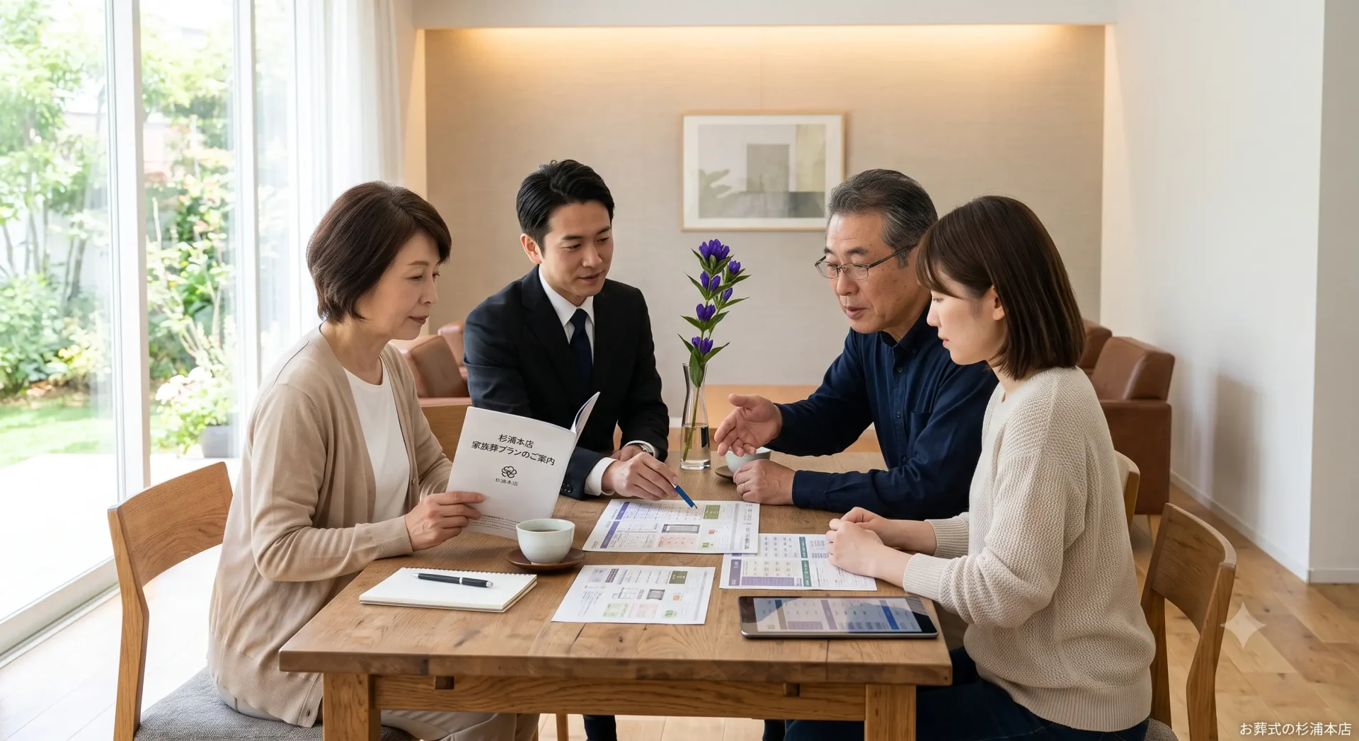 資料を並べて比較する葬儀相談の様子