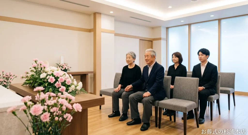 他の参列者のいない静かなホールで過ごす家族
