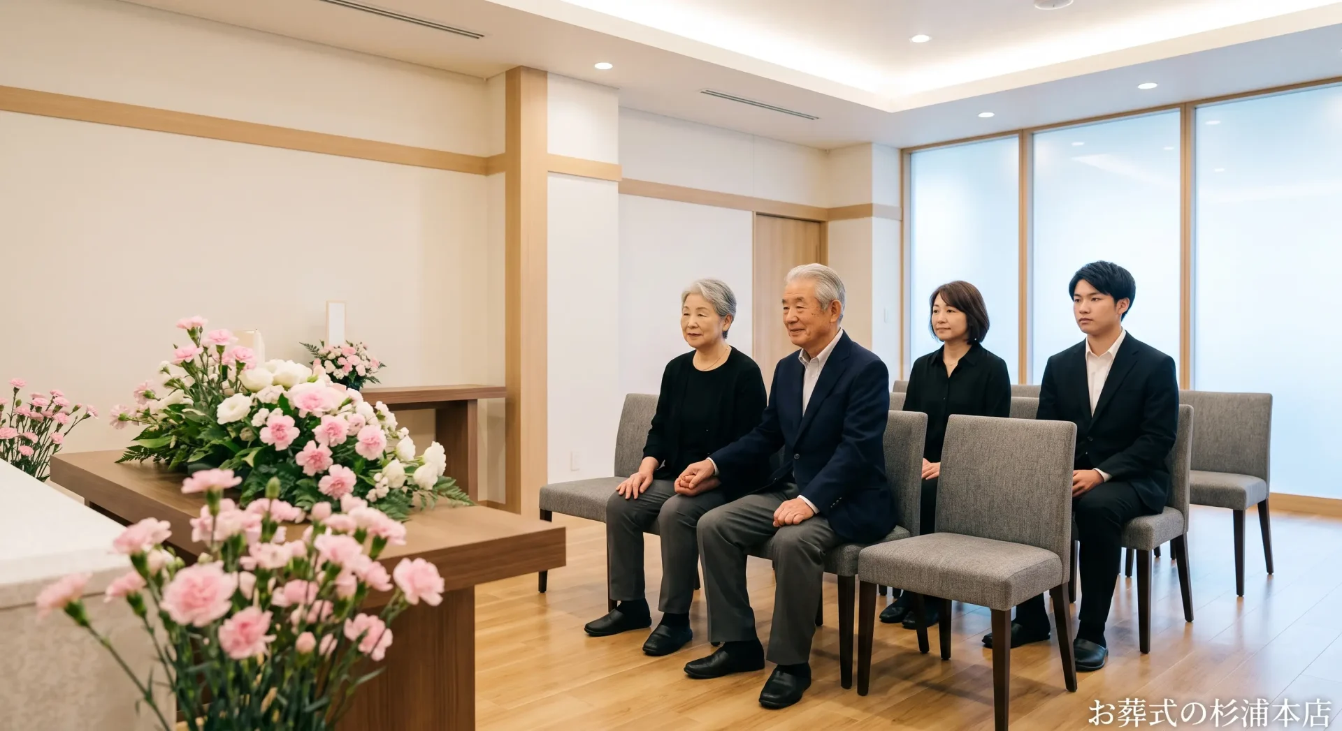 他の参列者のいない静かなホールで過ごす家族