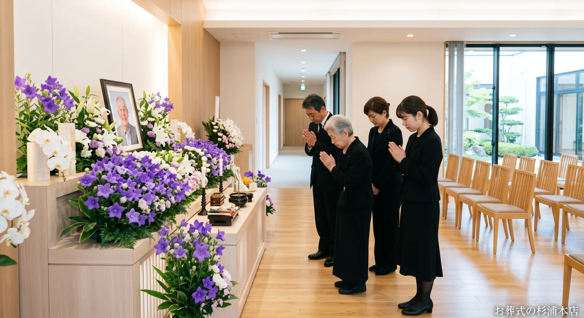 静かな貸切式場でお別れをする家族